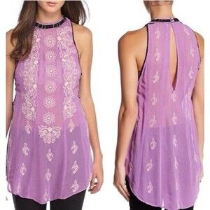 Free People Women’s Sunset Kisses Purple Embroidered Floral Tunic Size Medium